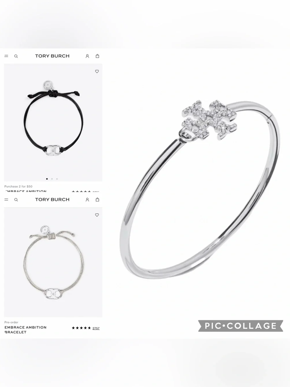 Tory Burch set of 3 /ELEANOR PAVÉ HINGED CUFF Silver/2 EMBRACE AMBITION BRACELET